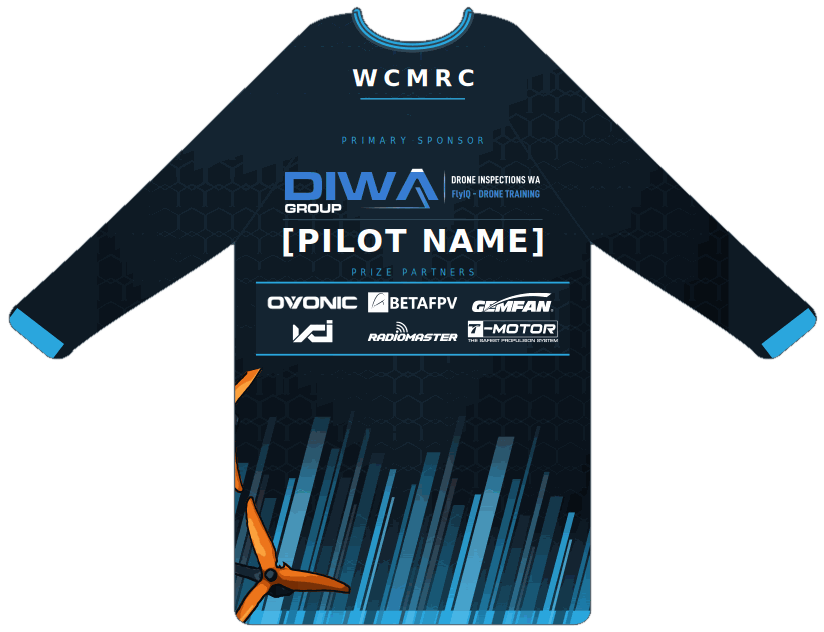 Back of the 2026/27 club jersey: WCMRC across the yoke, the DIWA Group primary sponsor lockup,
                  the pilot's name in large type, and the six prize partners on a panel above the blade-rake hem.