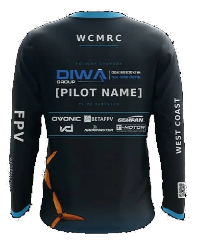 Back of the 2026/27 club jersey: WCMRC across the yoke, the DIWA Group primary sponsor lockup,
                  the pilot's name in large type, and the prize partners Ovonic, BetaFPV, Gemfan, VCI, RadioMaster
                  and T-Motor on a panel above the hem. FPV runs up the left sleeve and West Coast up the right.