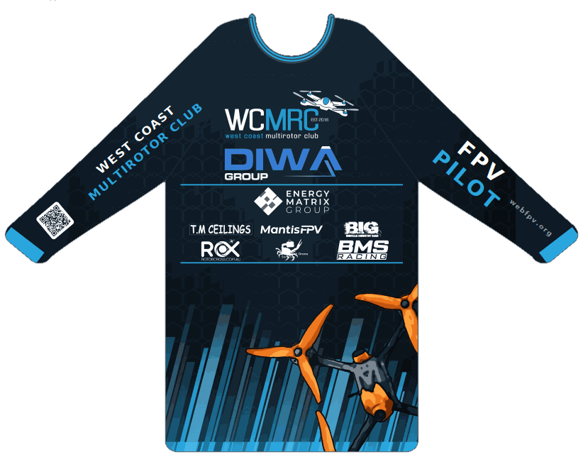 Front of the 2026/27 club jersey: race navy raglan long sleeve with the WCMRC mark and the
                  DIWA Group lockup on the chest, Energy Matrix Group and six club supporters below, the club name
                  up the left sleeve, FPV Pilot up the right, and the blade-rake hem carrying the club quad.