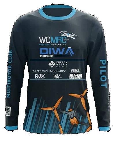 Front of the 2026/27 club jersey: race navy long sleeve with the WCMRC mark and club quad on
                  the chest, the DIWA Group lockup beneath it, then Energy Matrix Group over T.M Ceilings, MantisFPV,
                  Bigfella, ROX Rotorcross, Mandurah Drone Services and BMS Racing. Multirotor Club runs up the left
                  sleeve and Pilot up the right, and the blade-rake hem carries the club quads.